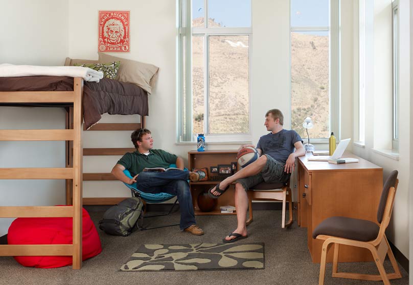 Higher Ed Building with Students lounging in CSM Maple Hall dorm