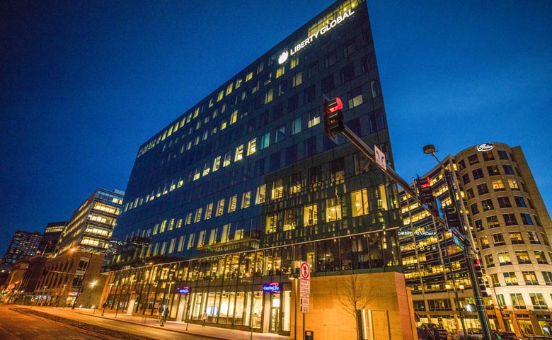 LEED Certified Triangle Building Exterior at Night