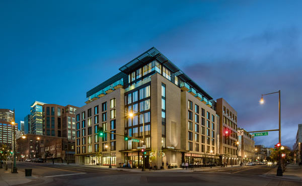 The Maven Hotel exterior at night